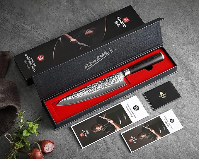 XINZUO 8 Inch Hammered Damascus Chef Knife,67 Layers Damascus Steel Kitchen Knife,Professional Japenese Chef Knife with Gift Box, Dark Brown Pakkawood Handle, Razor Sharp-He Series