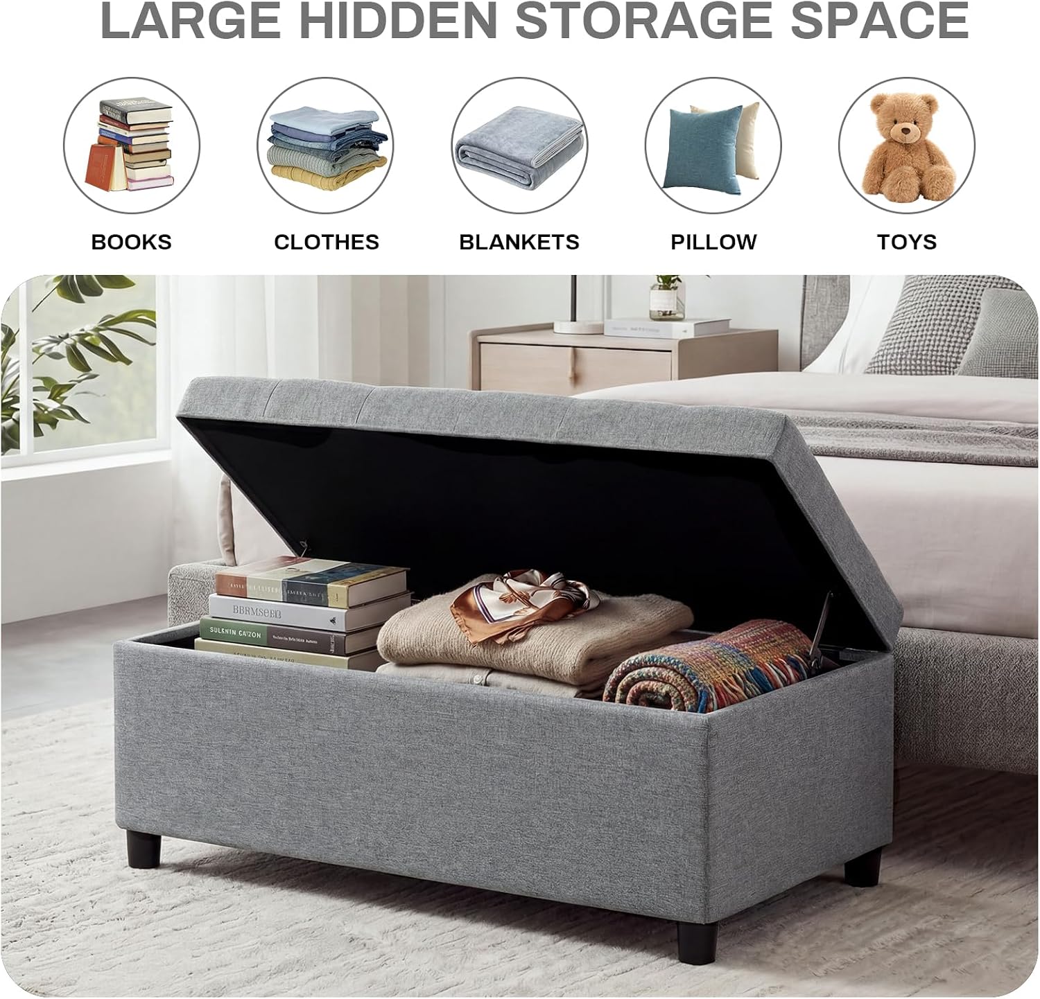 Linen Storage Ottoman Bench 35 inch with Hinged Lid - Multi-Functional Ottoman with Storage for Living Room, Bedroom End of Bed, Entryway Shoe Seat - Easy Assembly, Linen Gray