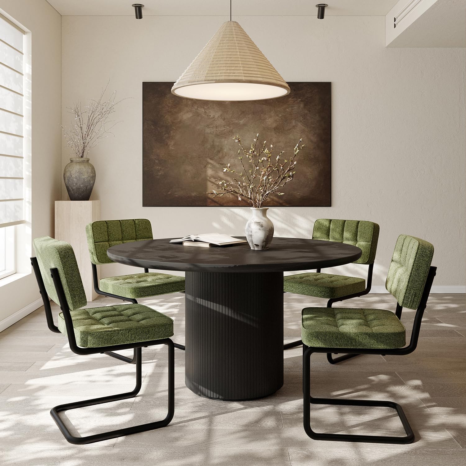 Mid-Century Modern Dining Chairs Set of 4 with Metal Legs, Green | Upholstered Chenille Cantilever Dining Chairs with Ergonomic Backrests, Armless Design, Padded Seats for Dining Room