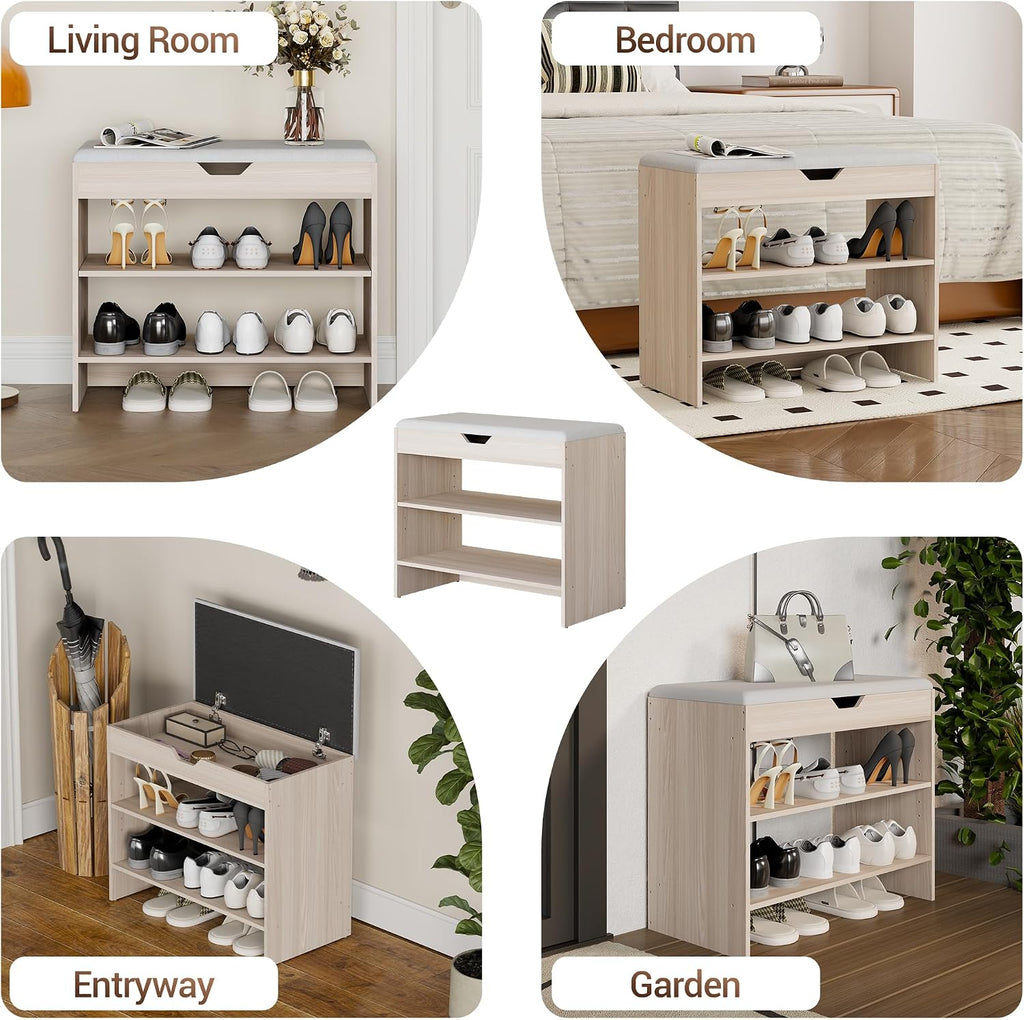 Shoe Bench with Cushion, 2 Tiers Shoe Bench with Flip-Top Storage, 23.6" Shoe Rack Organizer with Adjustable Shelves for Entryway, Hallway, Bedroom, Living Room (Natural Oak)