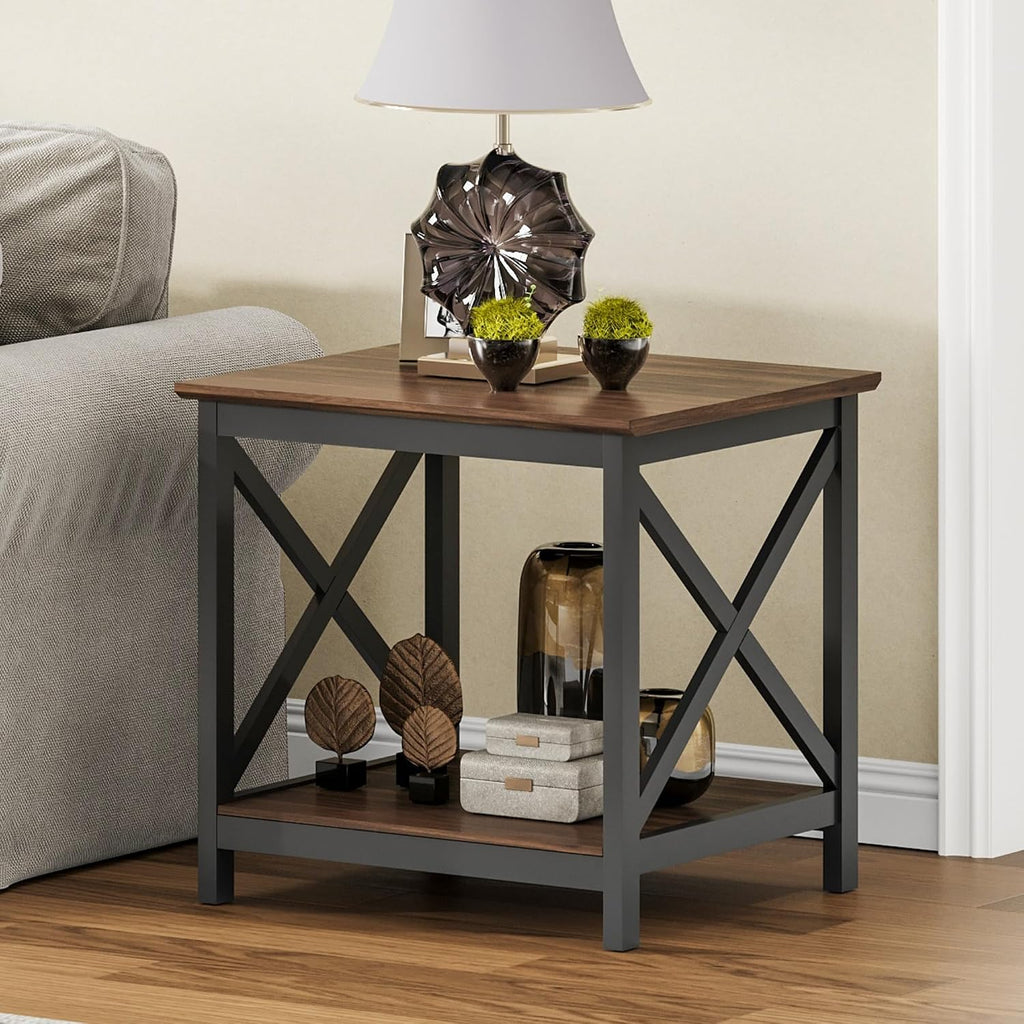 ChooChoo End Tables Set of 2, 24 Inch End Table with 2-Tier Storage Shelf, Side Table for Living Room, Wood Nightstand for Bedroom, Office, Painted Surface, Walnut