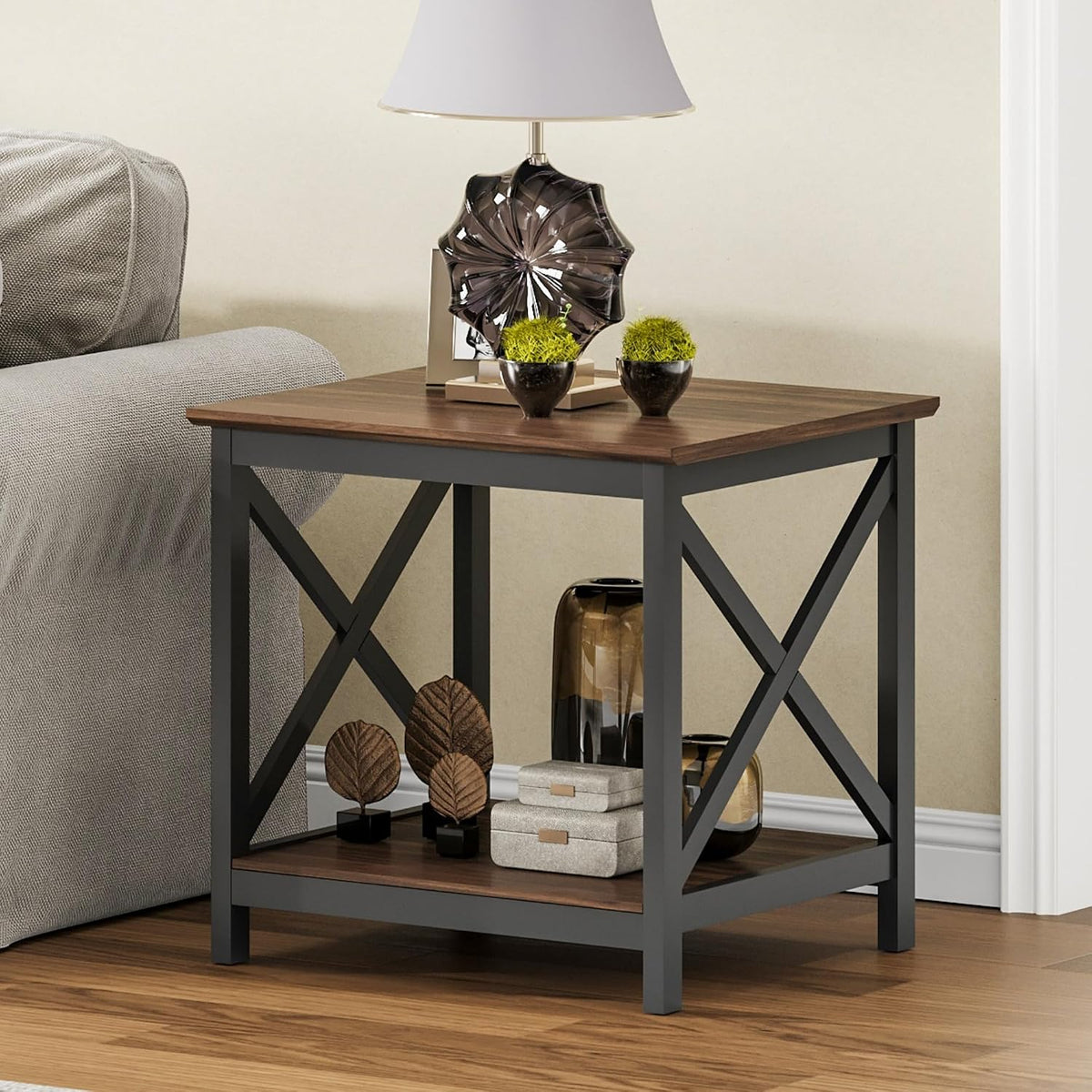 ChooChoo End Tables Set of 2, 24 Inch End Table with 2-Tier Storage Shelf, Side Table for Living Room, Wood Nightstand for Bedroom, Office, Painted Surface, Walnut