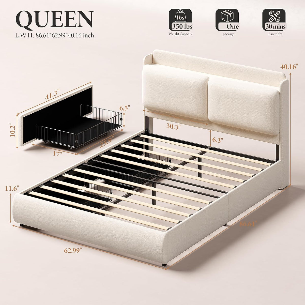 Garvee Chenille Fabric Queen Size Bed Frame with 2 Storage Drawers - Beige