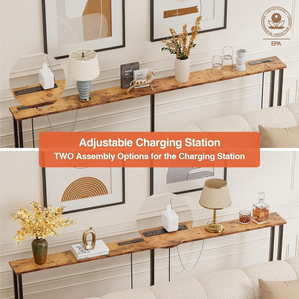 Keelian 102" Narrow Console Sofa Table - 2 Power Outlets & 4 USB Ports, Metal Frame, Rustic Brown, Perfect for Hallway, Office, and Behind Sofa - Easy Assembly, 4.9' Extension Cord Included