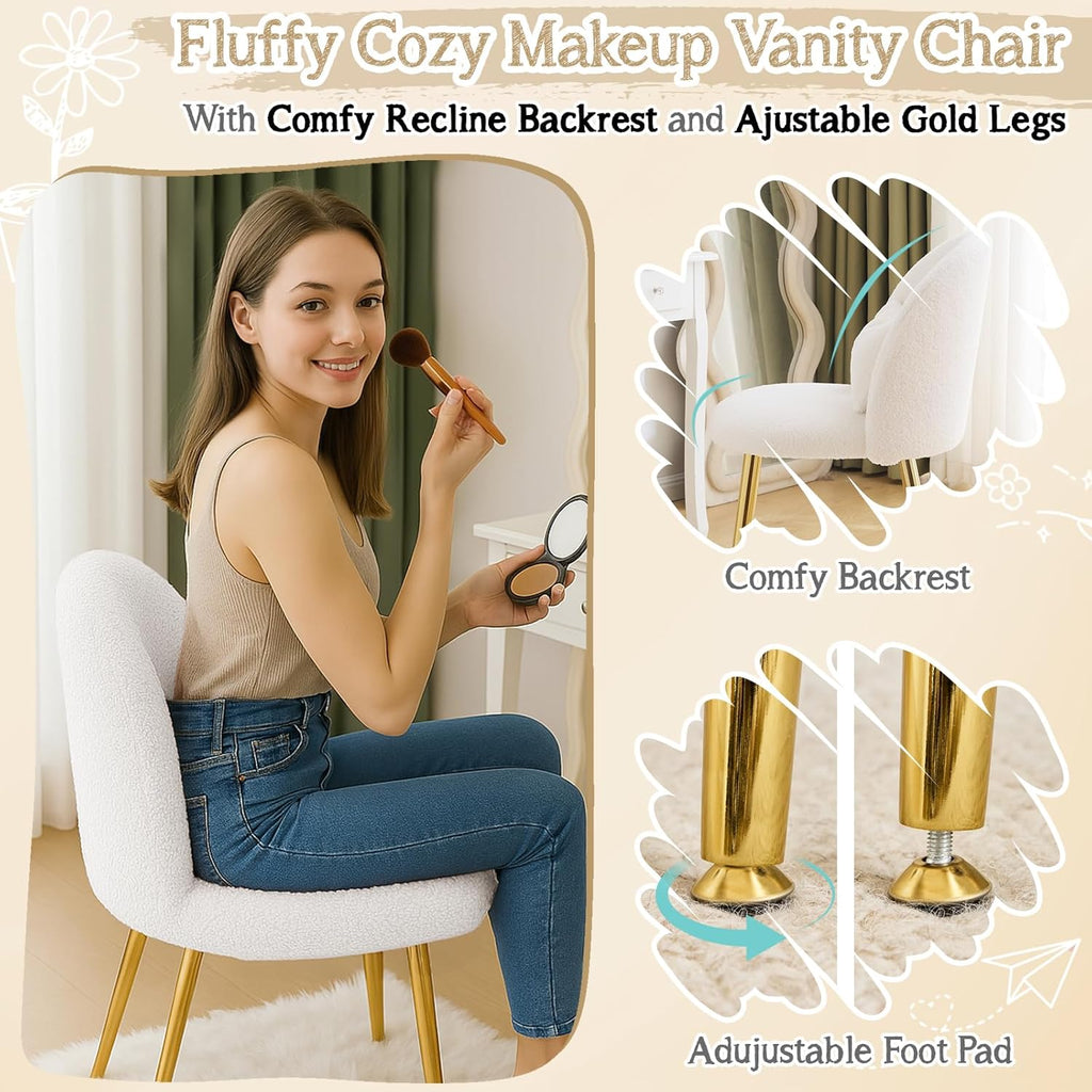 VINGLI Boucle Girls Vanity Chair with Back & Pillow,Cute Small Cozy Desk Chair No Wheels,Comfy Makeup Ch with Ajustable Gold Legs,for Bedroom,Living Room,Small Space,White