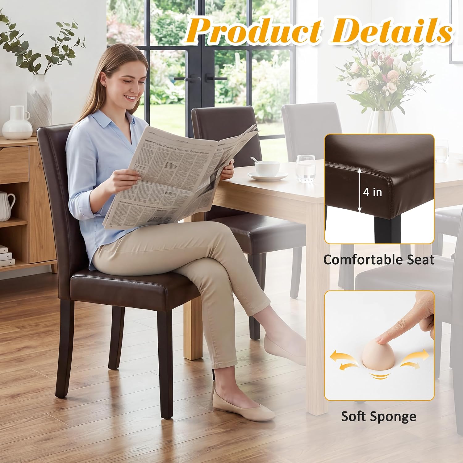 LSSPAID Dining Chairs Set of 6, Upholstered Leather Parsons Dining Room Chairs with Solid Wood Legs, Modern Armless Side Chairs for Kitchen Restaurant Home, Dark Brown