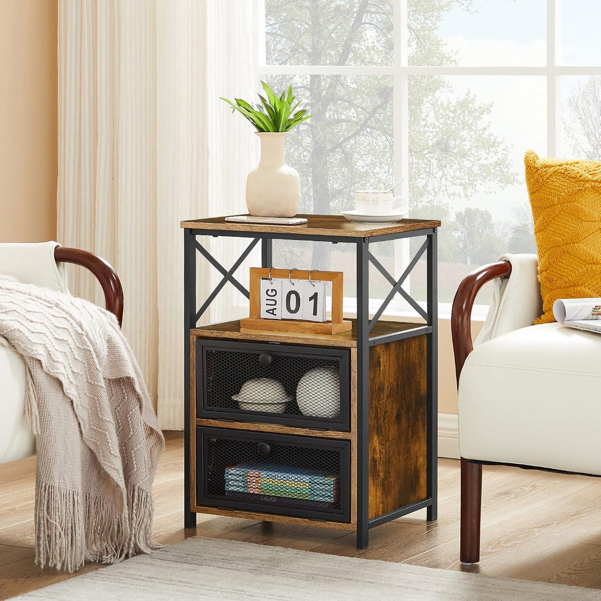 VECELO End Side Table, Modern Night Stand with Storage Space and Door, Set of 2 Nightstands for Living Room,Bedroom,Lounge,Classic Brown