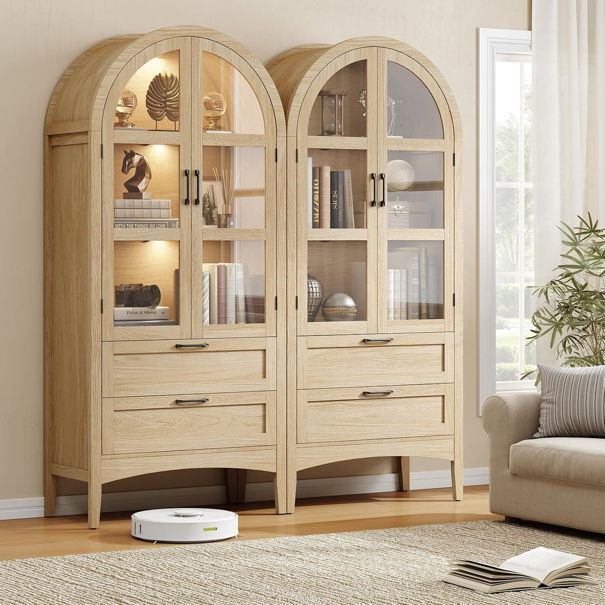 ONBRILL 71" Tall Arched Display Cabinet with LED Lights, Arched Kitchen Pantry with 2 Drawers, Modern Display Storage Cabinets with Adjustable Feet, Pantry Cabinet for Kitchen, Living/Dining Room