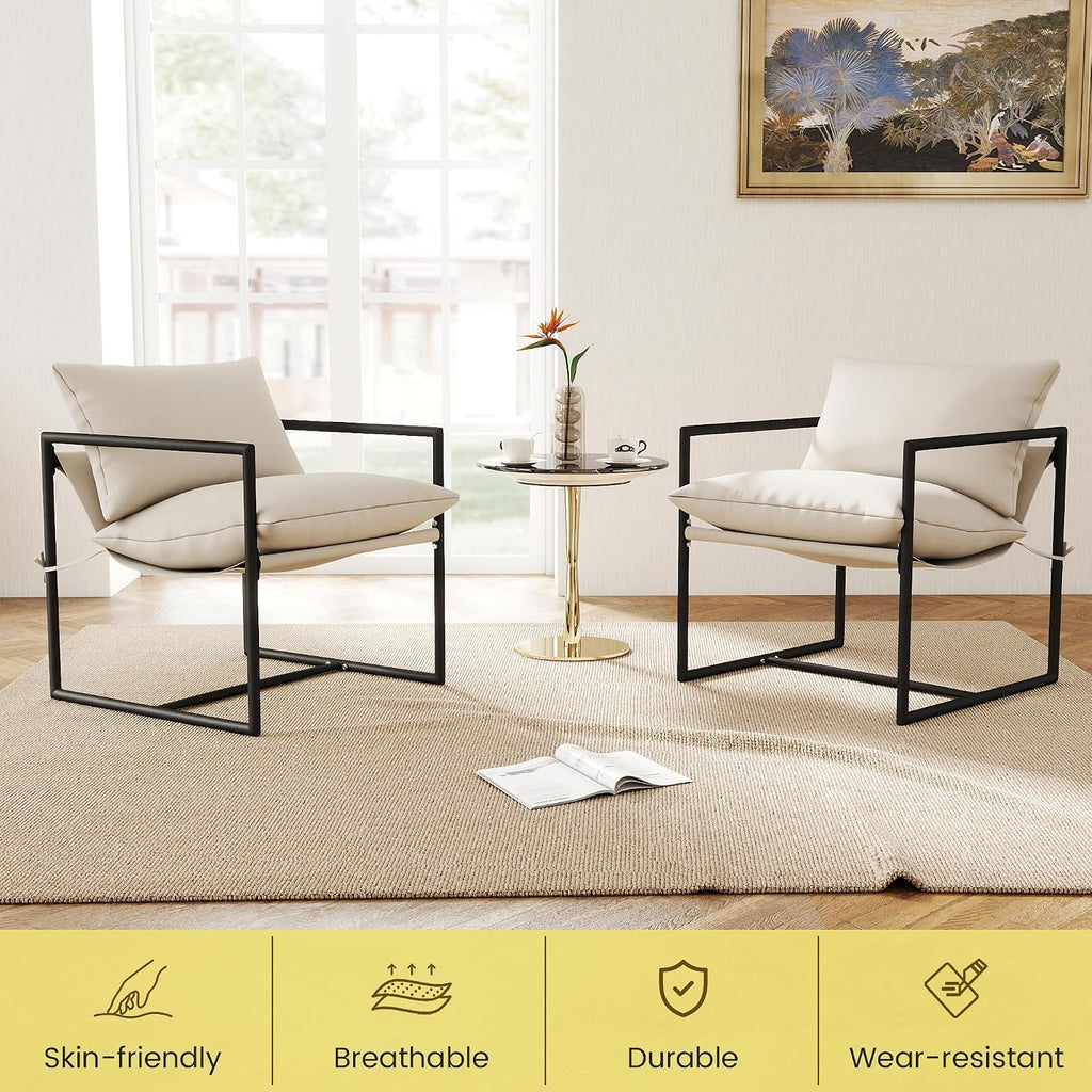 Kromax Sling Accent Chair, Set of 2, Cozy Living Room Chairs, Beige | Cozy Living Room Chairs, Square Metal Frame, Upholstered Soft Cushion, Sponge, 27.6"x27.6“x32.3, Easy Assembly