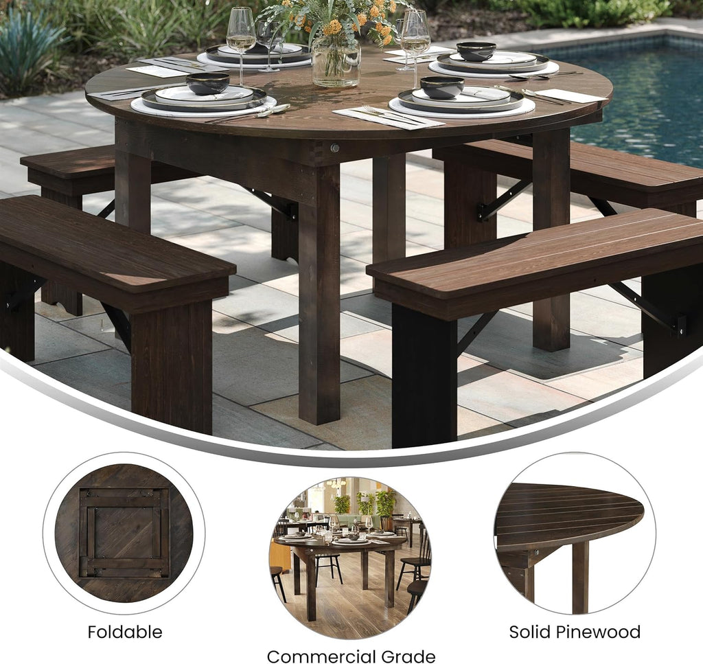 Flash Furniture Hercules Commercial Round Farmhouse Folding Table, Antique Rustic Solid Pine Dining Room Table, Foldable Locking Legs, 60" Diameter, Mahogany