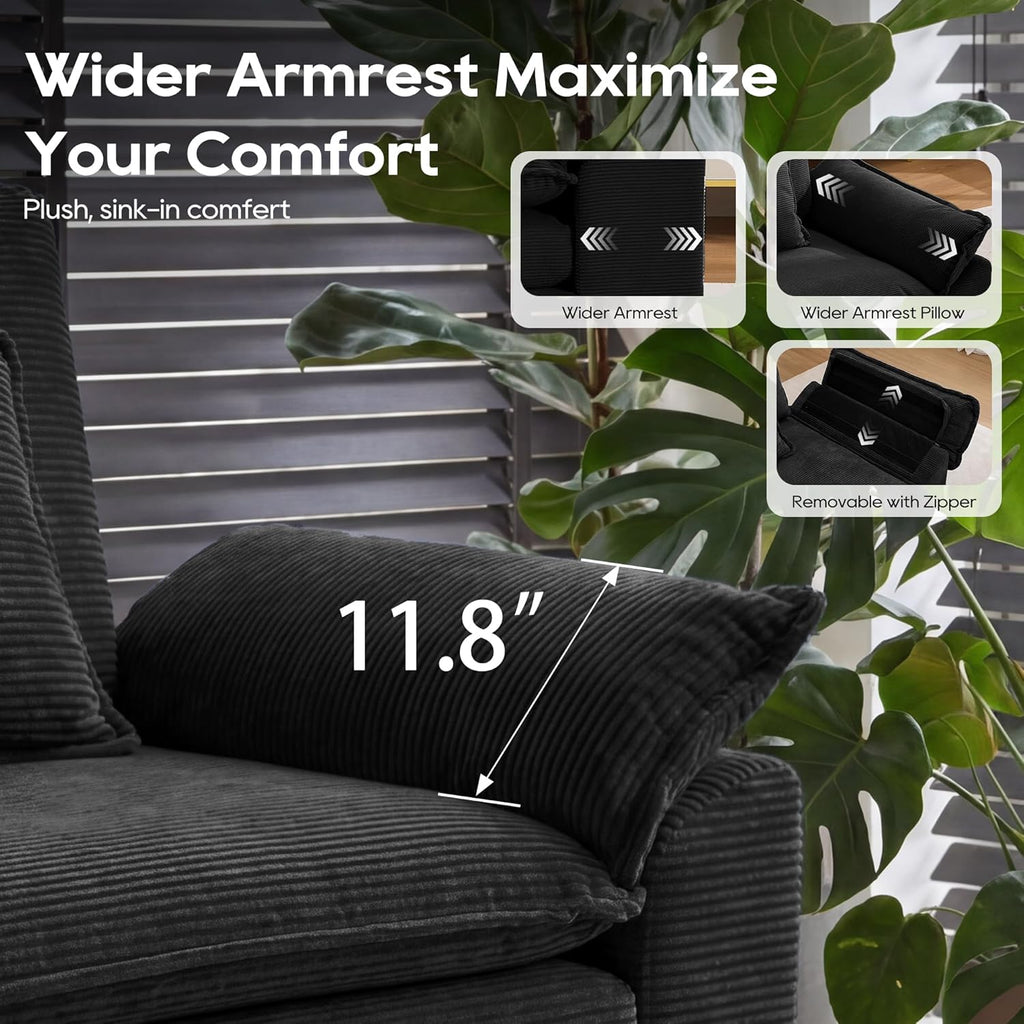 URRED Oversized Modular Sectional Sofa，Solid Black：122" U Shaped | Modern Comfy Cloud Couch with Movable Ottoman and Pillow, Deep Seat Couches for Living Room, Bedroom or Apartment