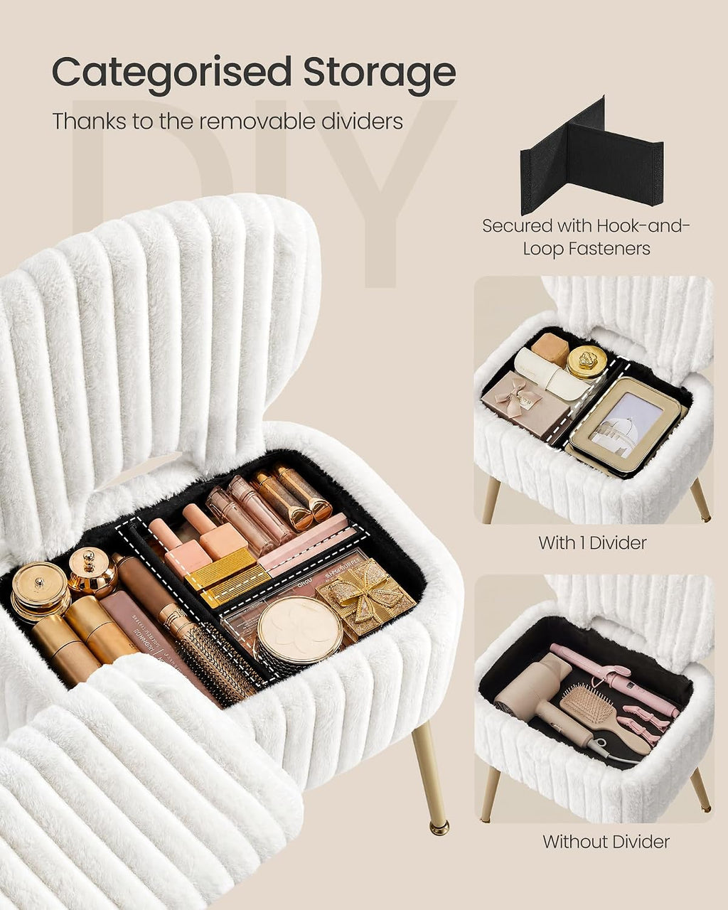 SONGMICS Vanity Chair, Makeup Stool with Folding Backrest | Plush Padded Dressing Table Stool, 17.1 x 13 x 32.1 inch, for Bedroom, Dressing Room, Black, GLAMOR Collection ULOM532WD01