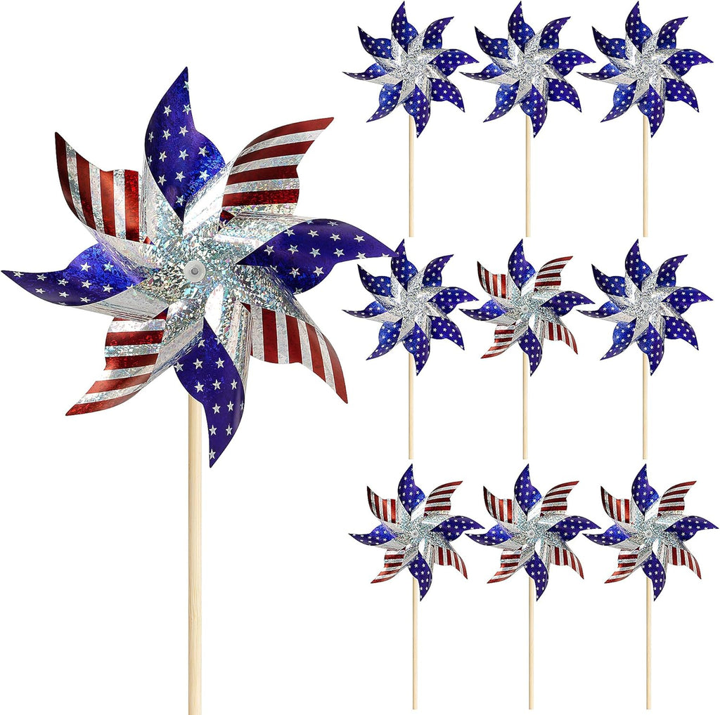 HOOSUN 10 Pcs Patriotic Pinwheels for Yard and Garden,Patriotic Decorations American Flag Pinwheels to Scare Birds Away,Red White and Blue Decorations Reflective Wind Spinners,Veterans Day Decorations