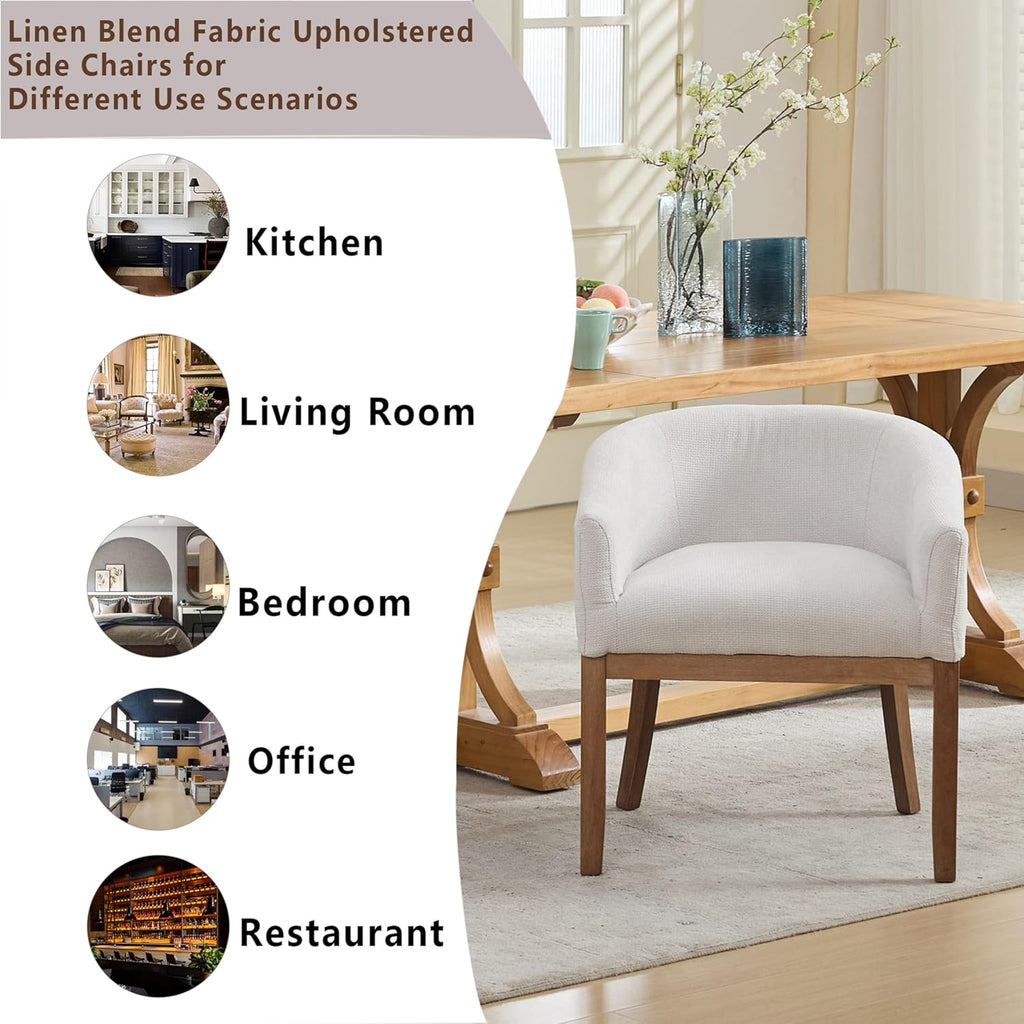 Upholstered Solid Wood Dining Chair,Neutral Linen Fabric Side Chairs for Kitchen,Dining Room,Living Room,Farmhouse Round Barrel Chairs,Minimalist Accent Chairs Natural Wood Frame (Beige, 1PC)