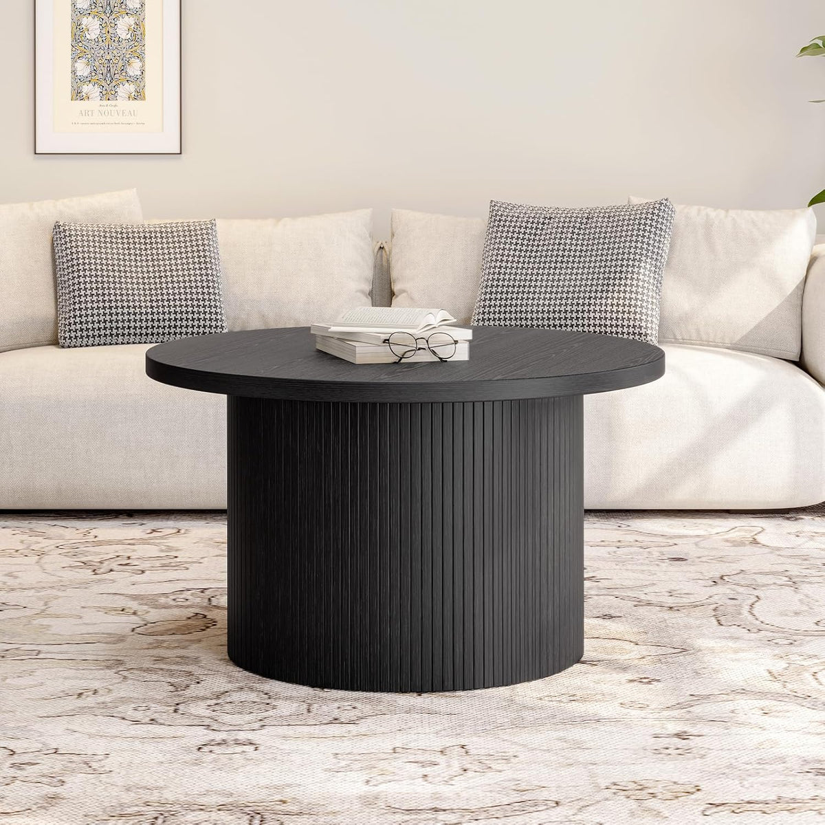 ONBRILL 31.5" Round Coffee Table, Tambour Design Coffee Tables for Living Room, Mid Century Modern Wood Coffee Table, Drum Accent Small Center Table, Black