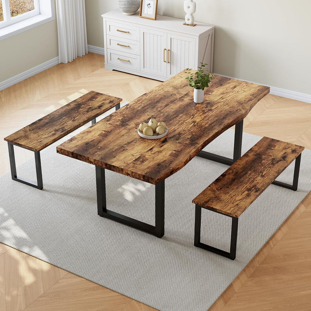 HIPIHOM 63" Dining Table with 2 Benches, Modern Kitchen Table and Chairs Set for 4, Thickened MDF Wooden Table for Kitchen, Dining Room, Office