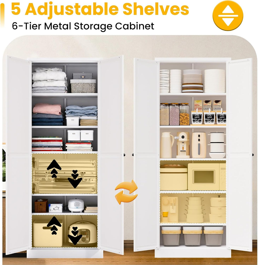 White Kitchen Pantry Cabinet, 72" Tall Metal Storage Cabinet with 2 Door and 5 Adjustable Shelves, Pantry Cabinets for Kitchen Storage, Assemble Required