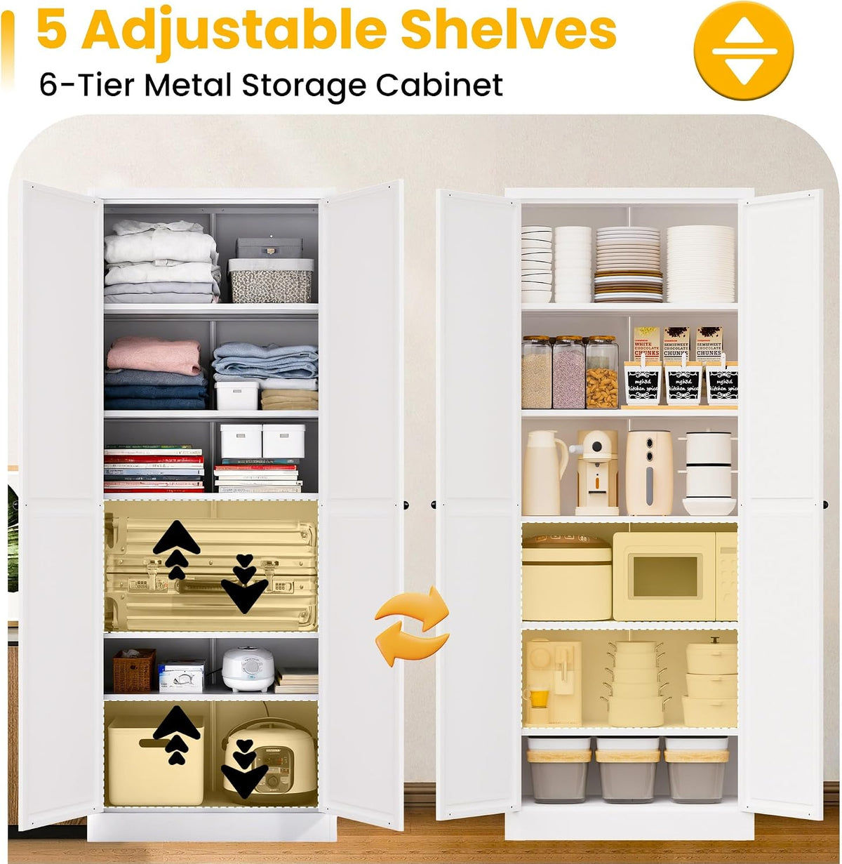 White Kitchen Pantry Cabinet, 72" Tall Metal Storage Cabinet with 2 Door and 5 Adjustable Shelves, Pantry Cabinets for Kitchen Storage, Assemble Required