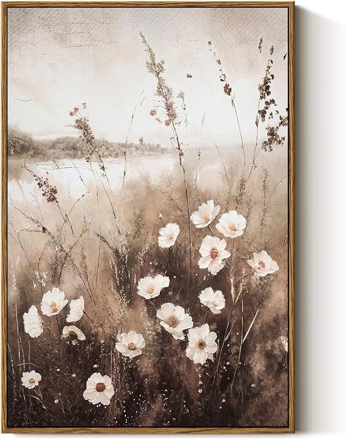 InSimSea Framed Wall Art for Living Room Landscape Canvas Wall Decor Meadow with Flowers Vintage Paintings Classical Wildflower Field Scene Boho Floral Pictures Decor for Bathroom Bedroom 16x24in