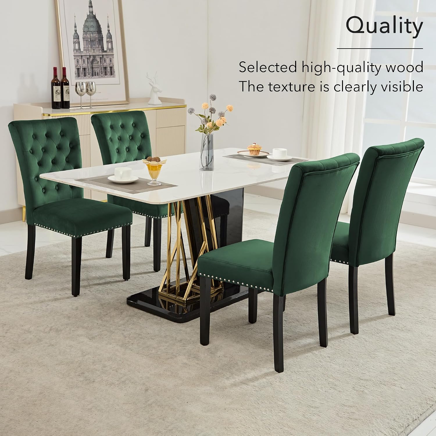 adochr Velvet Dining Chairs Set of 4, Parsons Kitchen Chair, Green | Wooden Legs & Nailed Trim, Upholstered Dining Room Chairs 350 LBS Capacity