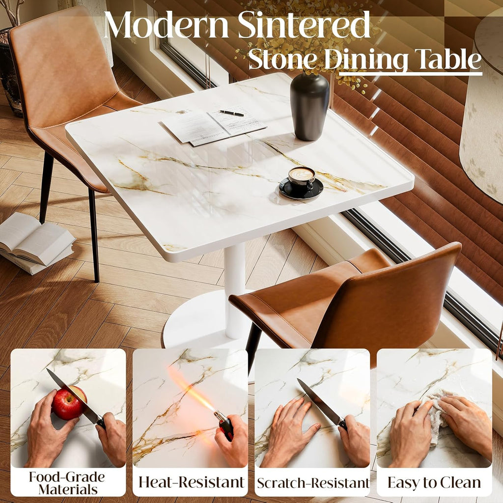 Square Dining Table,31.5'' Small Modern Square Dining Table, Sintered Stone Tulip Tables for 2–4 with Aluminum Alloy Edge&White Metal Base, Bistro Tables for Restaurants/Small Spaces/Marble White Gold