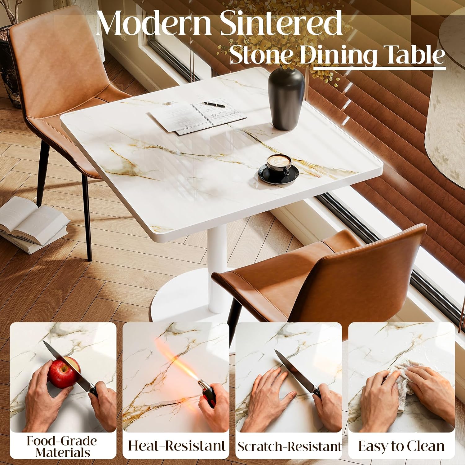 Square Dining Table,31.5'' Small Modern Square Dining Table, Sintered Stone Tulip Tables for 2–4 with Aluminum Alloy Edge&White Metal Base, Bistro Tables for Restaurants/Small Spaces/Marble White Gold