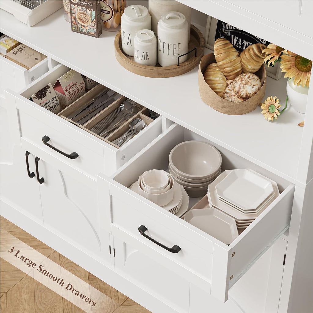 HITHOS 55“W Kitchen Pantry Cabinet, 76" Tall Hutch Storage Cabinet, White | Large Kitchen Pantry Storage Cabinet with Countertop, Modern Kitchen Hutch, Wood Coffee Bar with Drawers for Dining Room