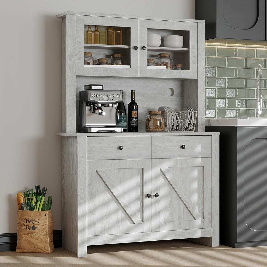 TrailBlaze Freestanding Pantry Cabinet with Microwave Stand - Coffee Bar & Buffet Hutch - 4 Doors and Adjustable Shelves - Tall Storage Cupboard for Dining Room - Color: Grey