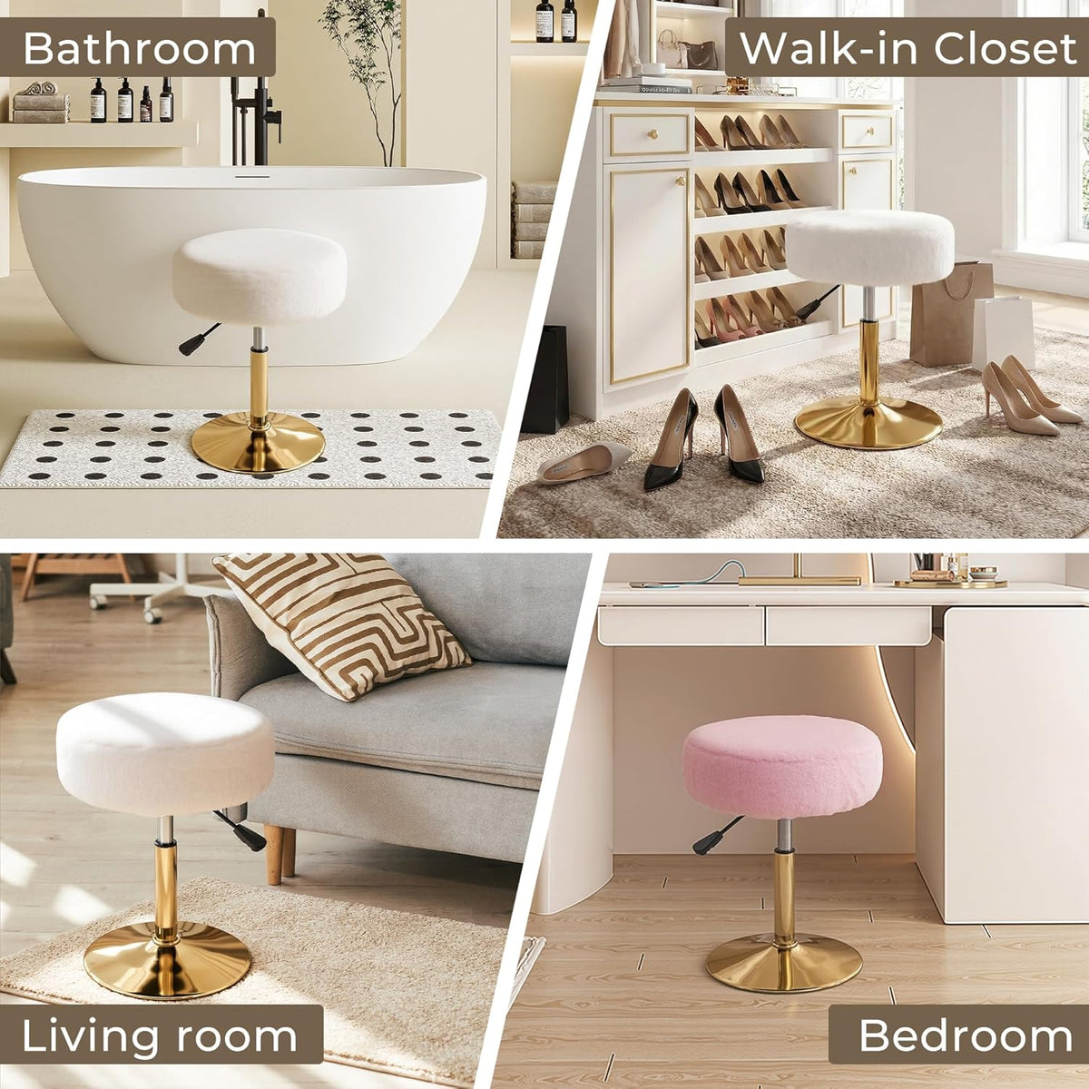 Vanity Chair Adjustable Vanity Stool for Vanity Swivel Vanity Stool Chair Ottoman Gold Base White