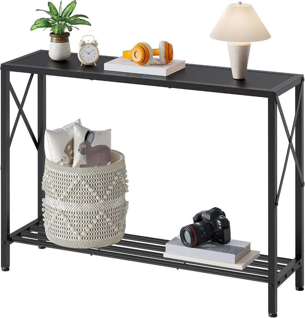 Tajsoon Console Table 41.8", 2 Tier Narrow Entryway Table with Shelves | Black Sofa Table with Stable X-Frame, Behind The Couch, for Entryway, Hallway, Entrance, Living Room, Foyer, Office, Black