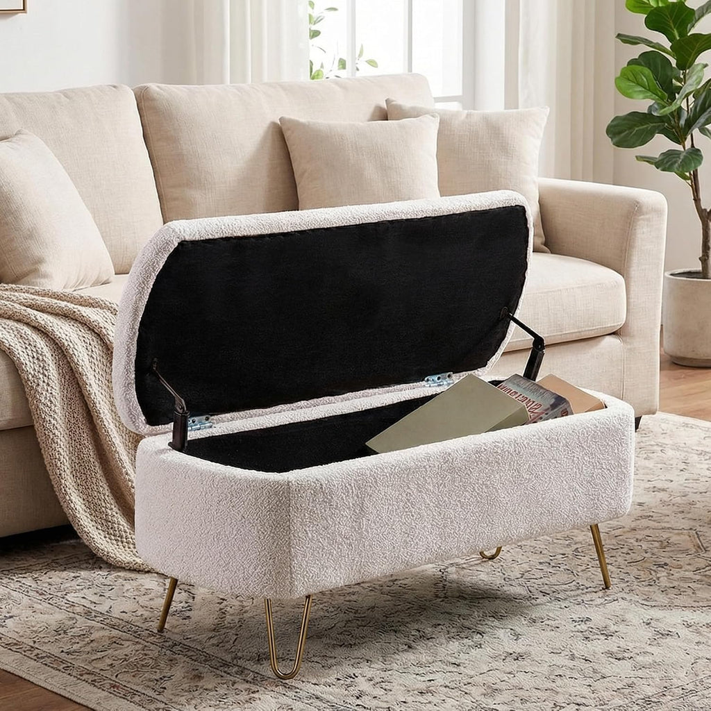 Ottoman with Storage, Small Boucle Storage Ottoman Bench,Upholstered Entryway End of Bed Bench with Cushion and Gold Legs for Bedroom Living Room, Ivory
