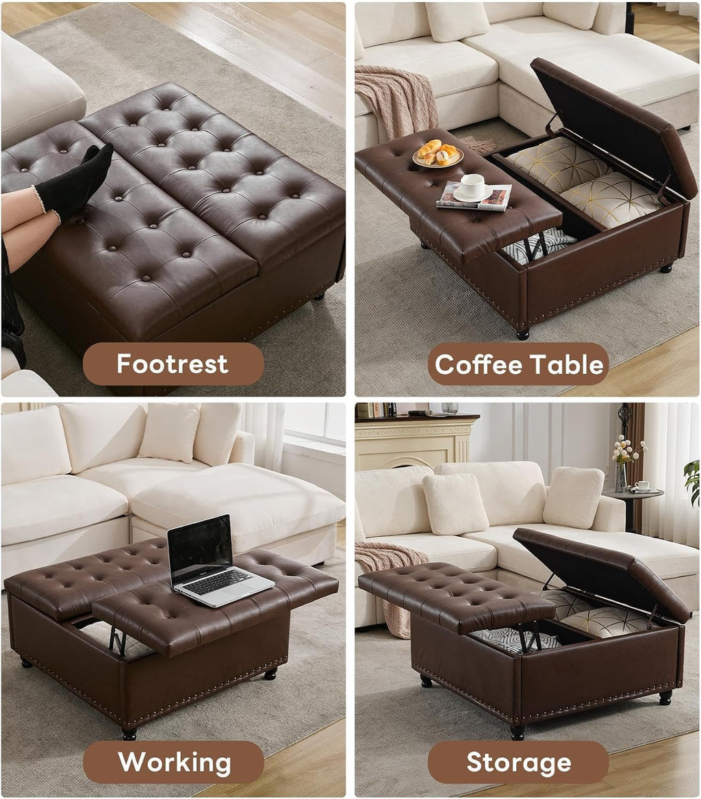 Tbfit 35.5" Large Square Storage Ottoman Bench, Tufted Upholstered Coffee Table Ottoman with Lift Top & Wooden Legs, Oversized Storage Ottomans Toy Box for Living Room (Dark Brown)