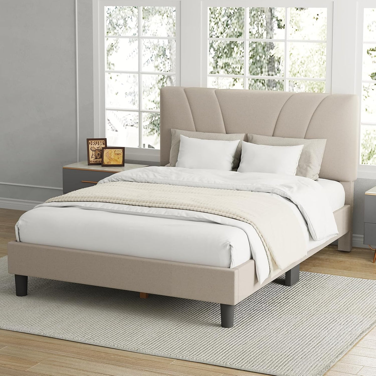 Avenco King Bed Frame, Upholstered Platform Bed Frame with Adjustable Headboard, Wood Slat Support, Easy Assembly, No Box Spring Needed, Beige