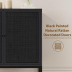 Yechen Full Black Rattan Cabient, Boho Sideboard Cabinet with Natural Rattan Decorated Doors, 31.5" W Accent Cane Credenza Buffet Console Storage, for Living Room Entryway Kitchen, Metal Legs/Set of 3