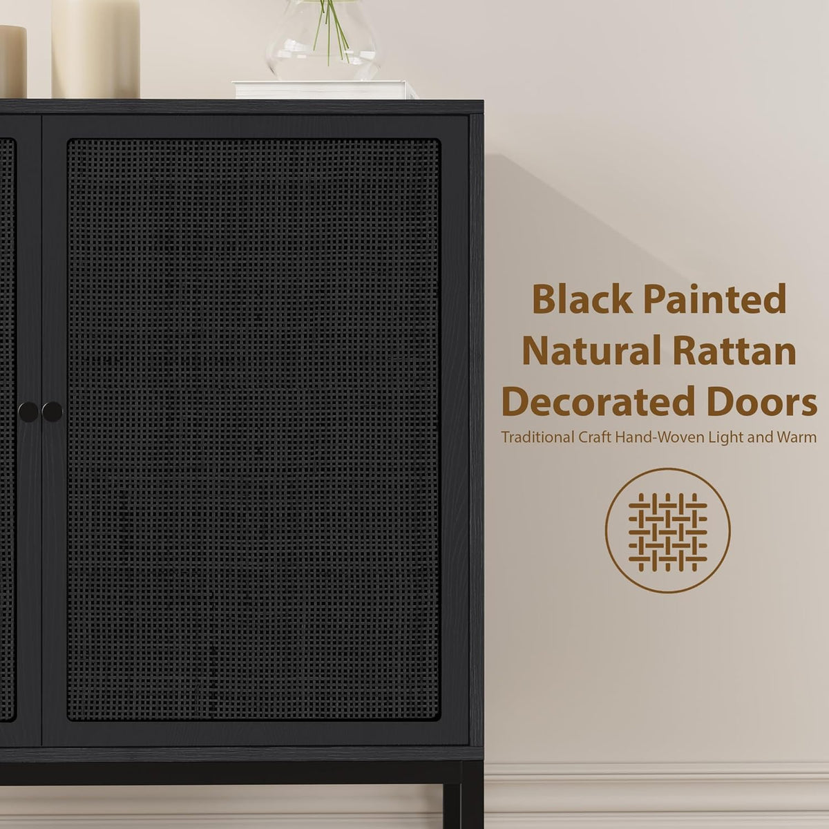 Yechen Full Black Rattan Cabient, Boho Sideboard Cabinet with Natural Rattan Decorated Doors, 31.5" W Accent Cane Credenza Buffet Console Storage, for Living Room Entryway Kitchen, Metal Legs/Set of 3