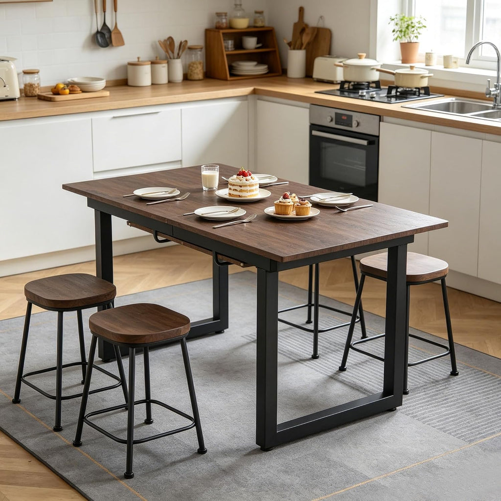 Modern Expandable Dining Room Table, 55-71 Inch Extendable Table with Metal Frame, Space-Saving Kitchen Table for 6, Home Office Desk, Brown