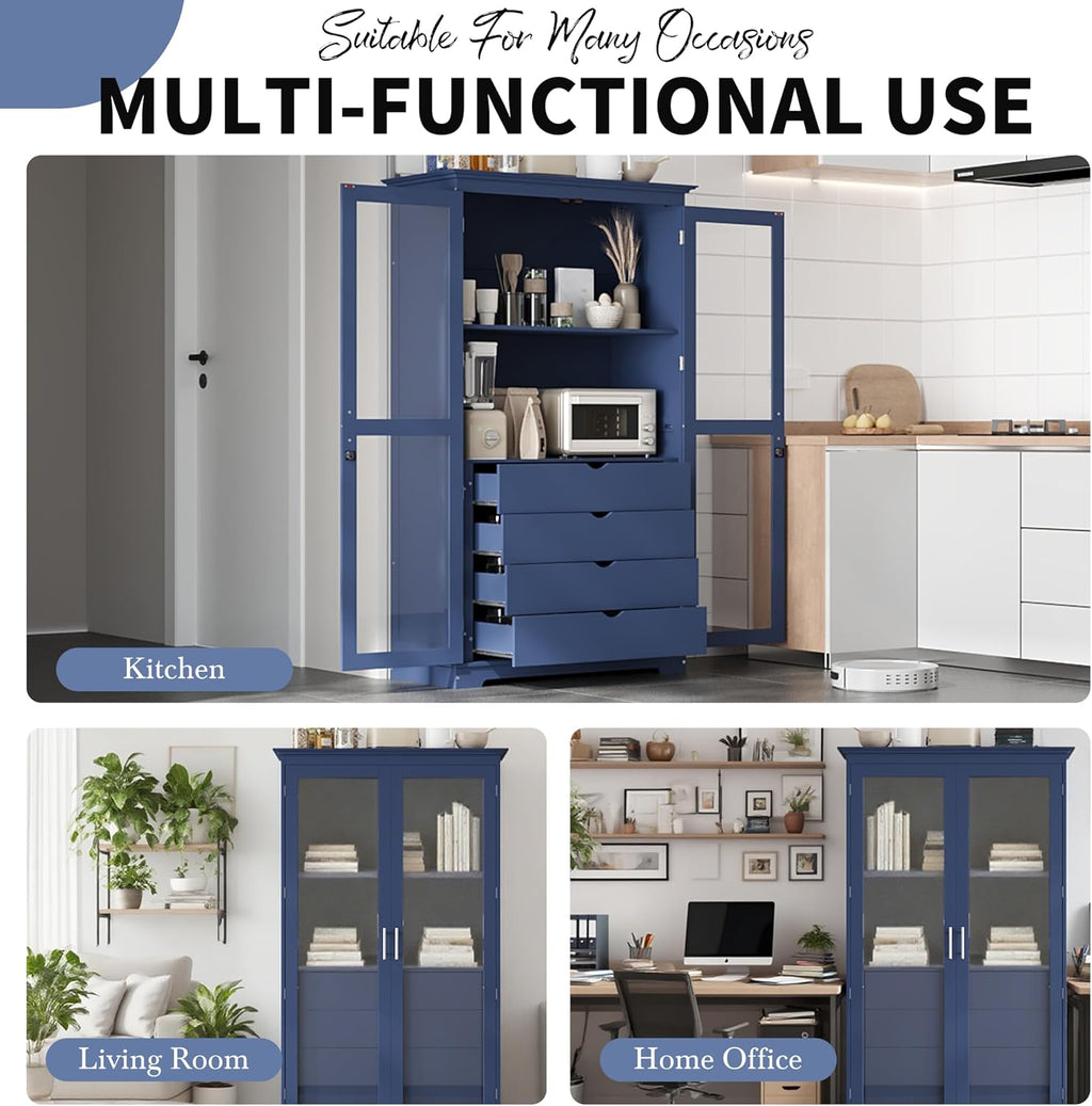 75" Tall Kitchen Pantry Cabinet, Freestanding Food Storage Cupboard, Modern Display Cabinet with Glass Doors and 4 Built-in Drawers, Storage Furniture for Kitchen, Living Room,Blue