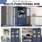 75" Tall Kitchen Pantry Cabinet, Freestanding Food Storage Cupboard, Modern Display Cabinet with Glass Doors and 4 Built-in Drawers, Storage Furniture for Kitchen, Living Room,Blue