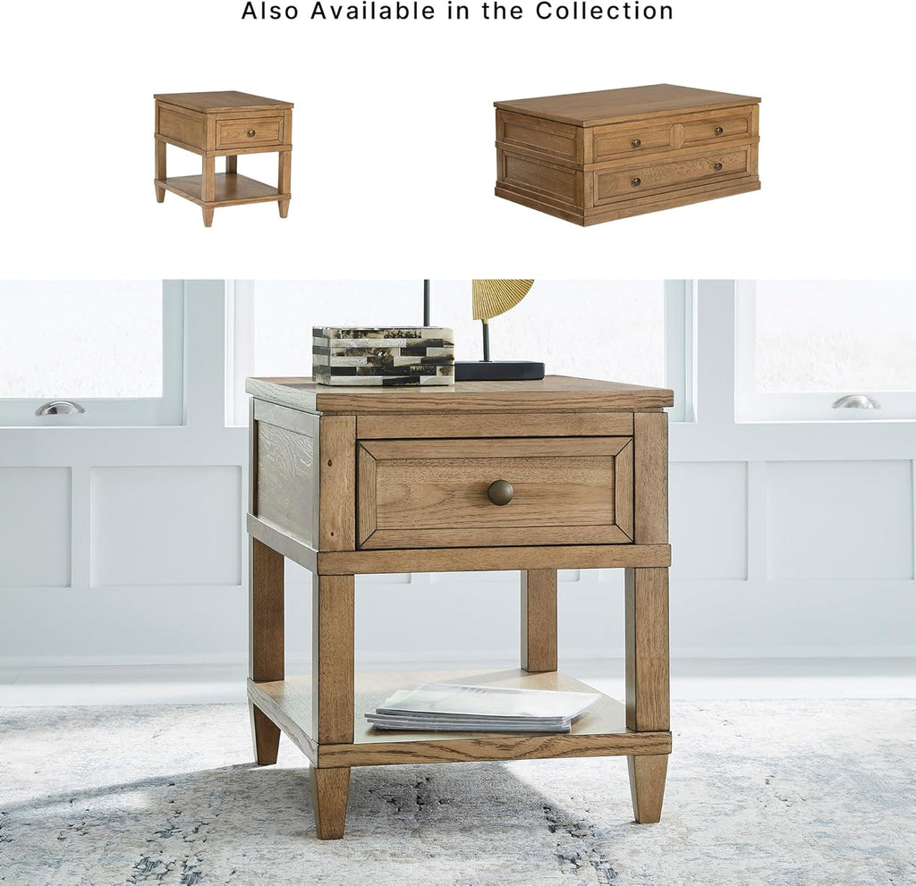 Signature Design by Ashley Sharlance End Table with Drawer, Built-in USB-A & USB-C Charging Ports, Hardwood and Hickory Veneer Side Table for Living Rooms, Light Brown, 20'' W x 26'' D x 24'' H