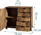 Relaxdays mobile storage cabinet, 5 drawers & 2 compartments, HWD: 65x78x40 cm, office cabinet with wheels, brown
