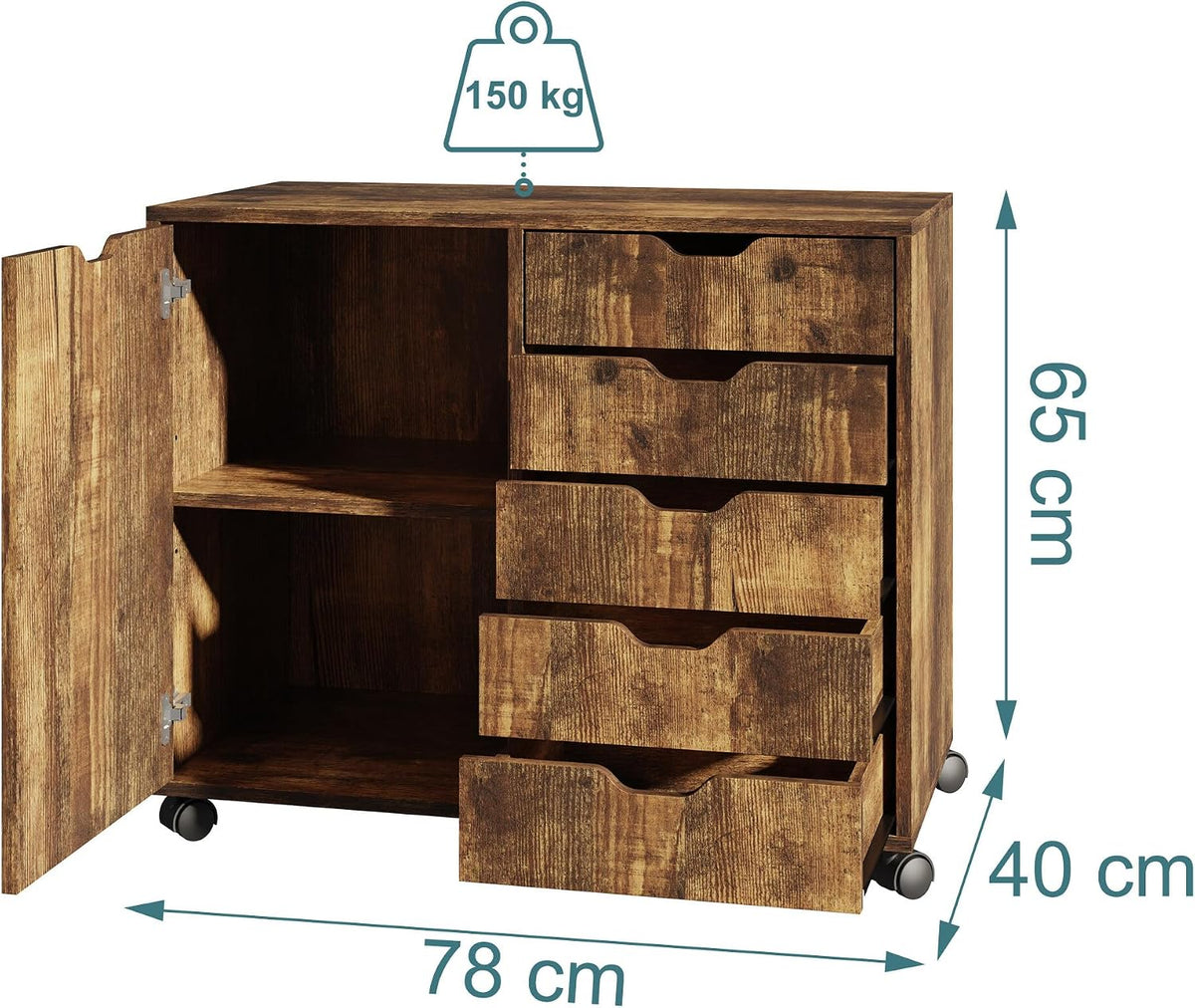 Relaxdays mobile storage cabinet, 5 drawers & 2 compartments, HWD: 65x78x40 cm, office cabinet with wheels, brown