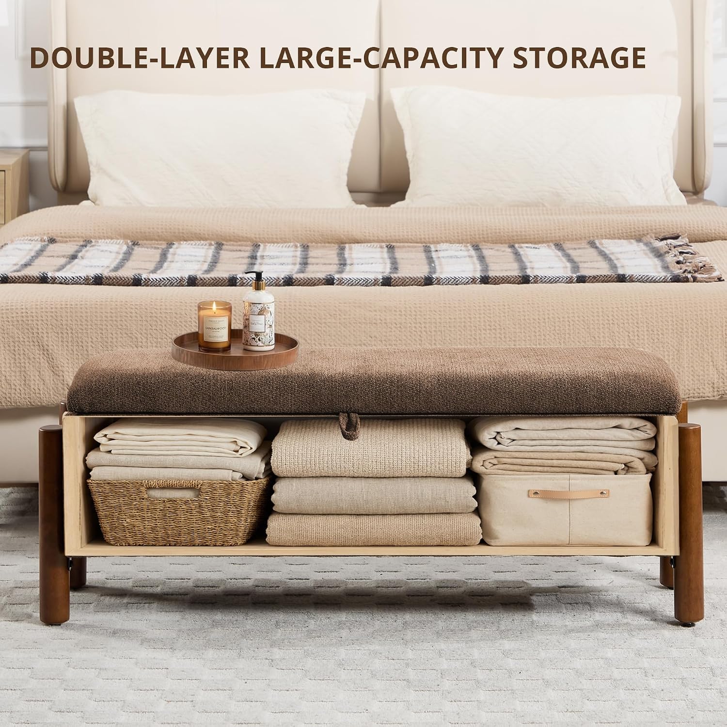 47'' Modern Storage Ottoman Benches with Walnut Wood Legs Ottoman Bench with 22 Gallons Storage Space Fabric Upholstered Seating End of Bed Bench for Bedroom for Livingroom Brown