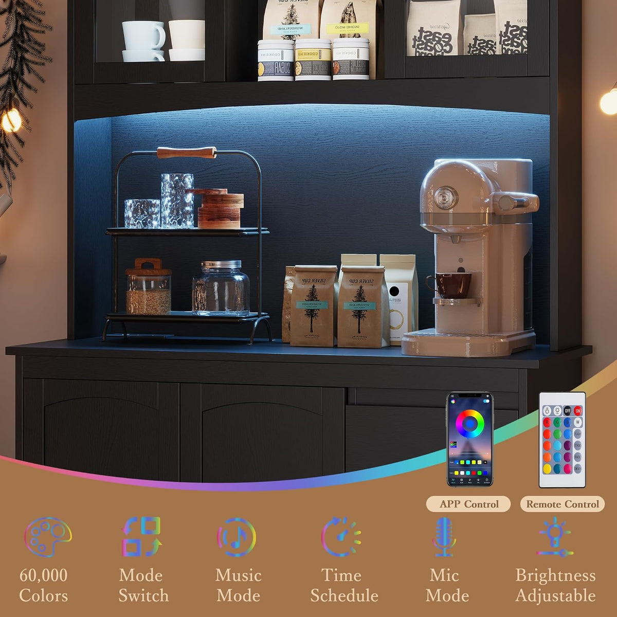 Garvee Kitchen Pantry Cabinet with LED Lights & Charging Station, 71" Tall Kitchen Hutch Storage Cabinet with Countertop, 3 Drawers, 4 Doors, Adjustable Shelves for Dining Room, Black