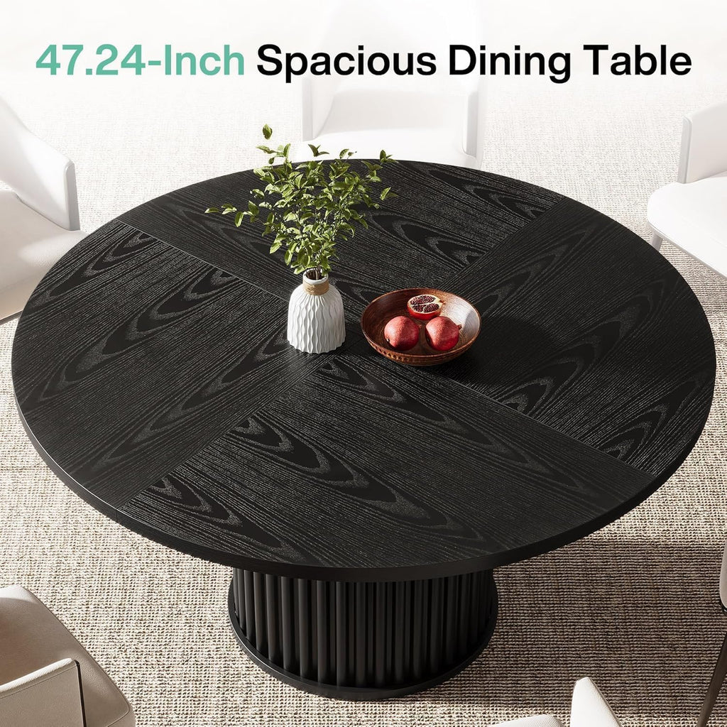Tribesigns 47.24" Black Round Dining Table for 4-6 People | Modern Fluted MDF + Metal Base Kitchen Table, Sturdy Circle Dining Room Furniture, Easy Assembly, Black