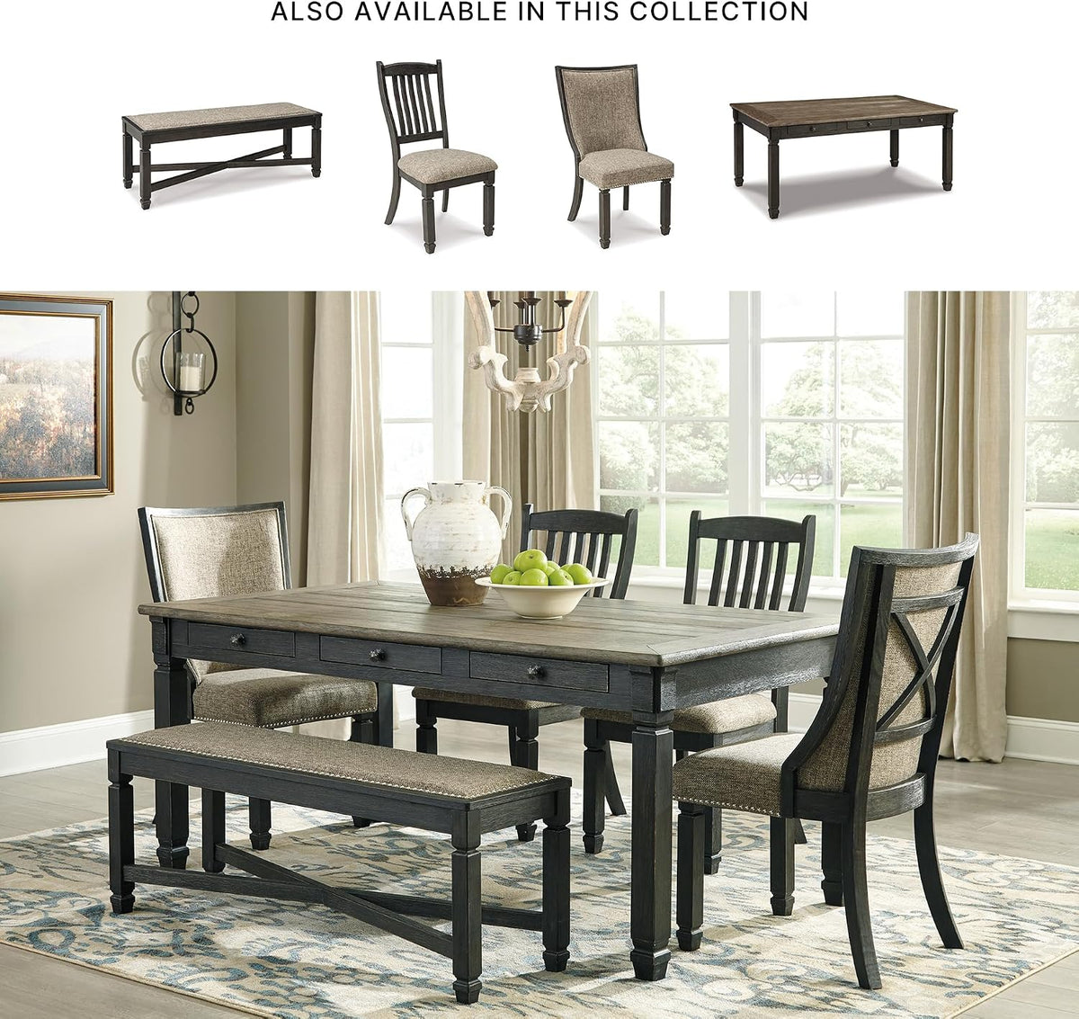 Signature Design by Ashley Tyler Creek Farmhouse Upholstered Dining Room Bench with Tapered Legs, Heavy Woven Fabric, Wood, 19.5" High Seat, Black & Gray