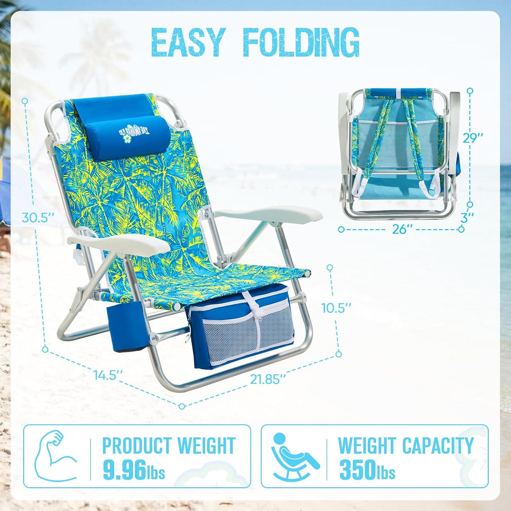 Old Bahama Bay Beach Chairs for Adults, 7-Position Classic Lay Flat Beach Chair Reclining Beach Chair, Portable Aluminum Backpack Beach Chair with Towel Bar & Cooler Bag
