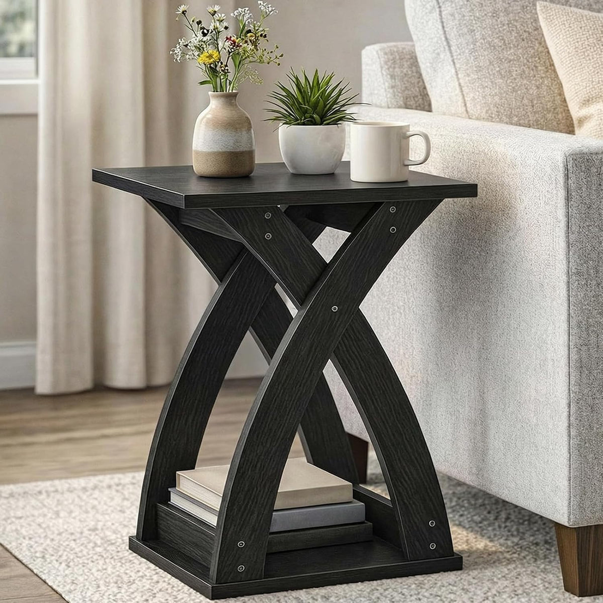 HOOBRO End Table Living Room, Narrow Side Table for Small Spaces, Black 3 Tier End Table with Storage Shelf, X-Design Slim Nightstand Bedside Table, Living Room, Bedroom, Black BK356BZ01N1