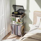 Clear Acrylic Record Player Stand with Vinyl Storage, 15.75" L x 11.81" W x 24.5" H, 3 Tier Small Side Turntable Table with Album Shelf, Modern Bedside End Table for Living Room, Bedroom