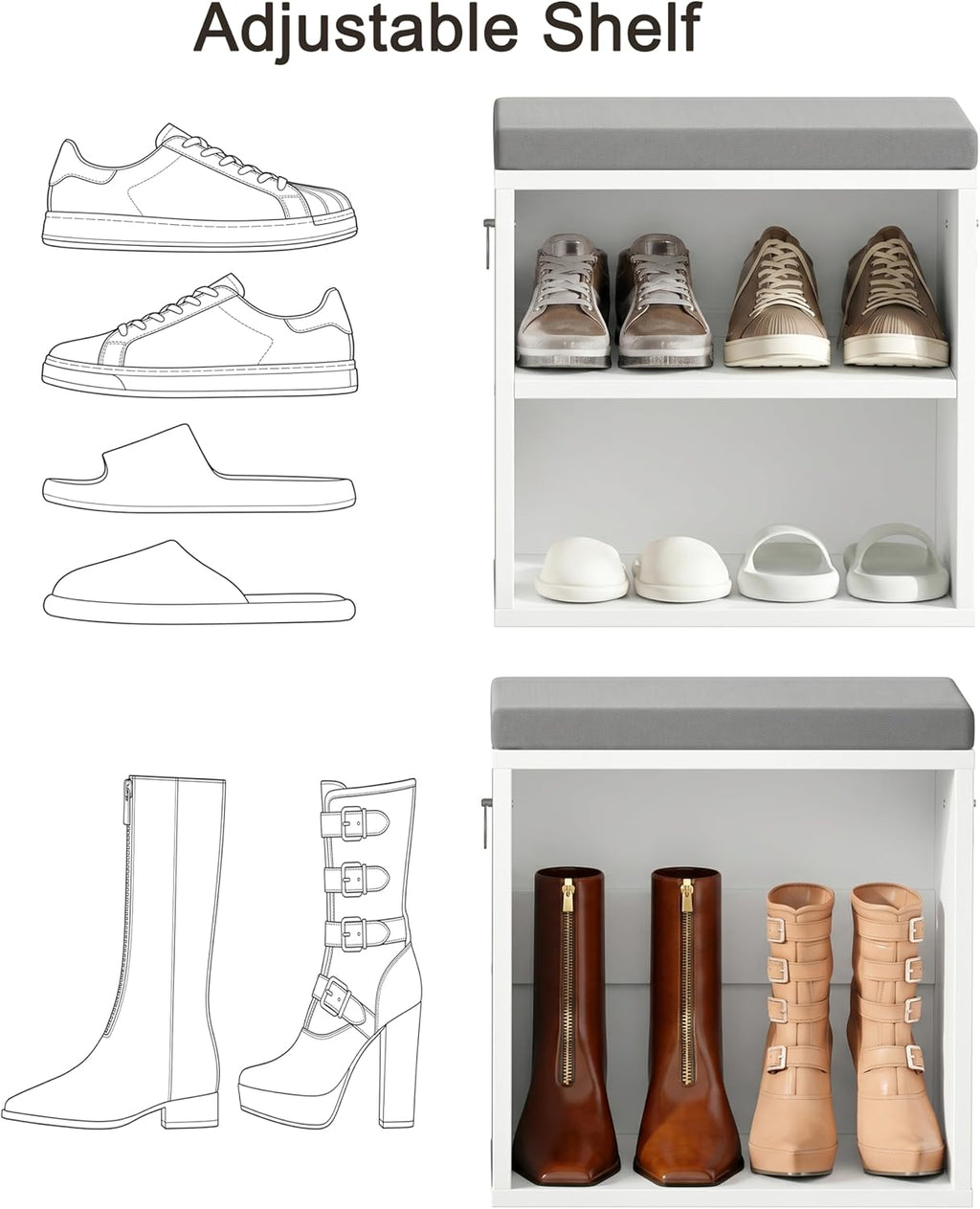 HOOBRO Shoe Storage Bench with Cushion, Entryway Bench with Coat Rack Set, Small Shoe Storage Organizer with Adjustable Shelf, for Narrow Hallway Foyer, Bedroom, White and Gray WG28HX01