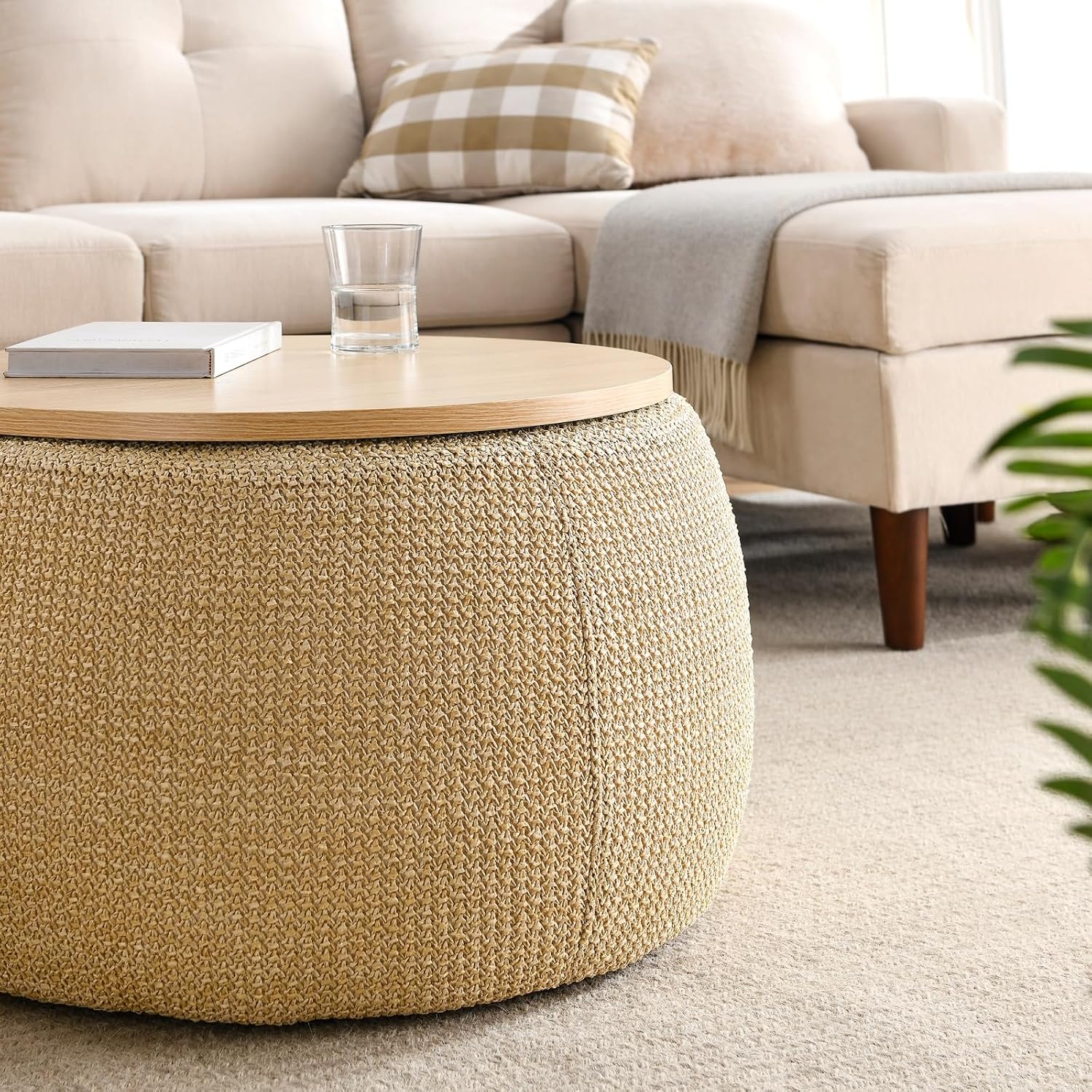 Round Storage Ottoman, 2 in 1 Function, Work as End Table and Ottoman, Natural (25.5"x25.5"x14.5")
